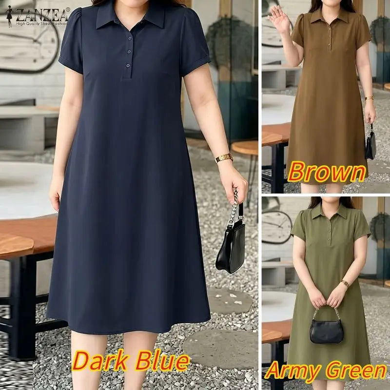 Women Casual Midi Shirt Dress Turn-Down Collar Half Button Short Sleeve Solid Color Dresses ZANZEA Summer Commute Wear Vestidos