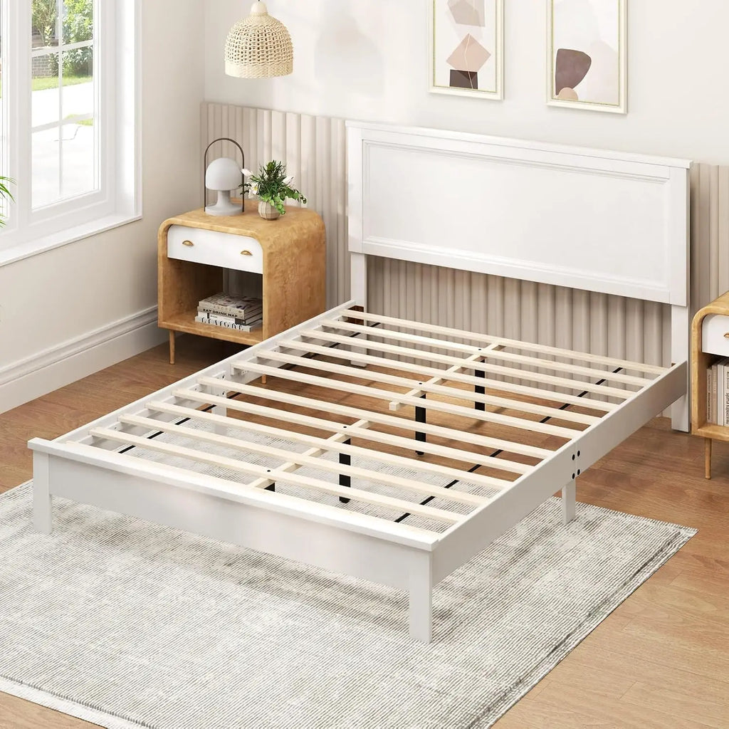 Queen Size Wood Platform Bed Frame with Headboard, Wooden Mid Century Platform Bed with Slat Support & Under Bed, Customized