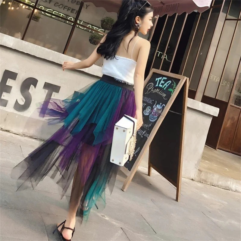 Summer Tutu Women Skirt Harajuku Casual Tulle Bottom Jupe Femme Faldas Fashion High Waist Midi Mesh Skirts Woman Clothing Saia