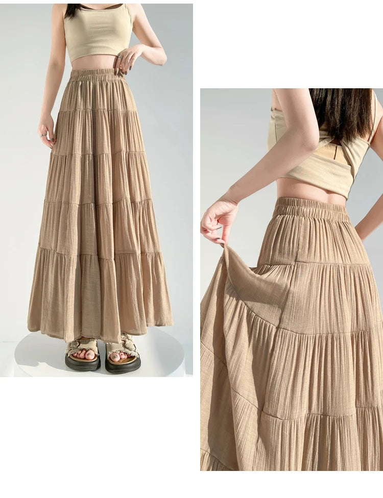 linen patchwork skirt for women in summer, high waist, medium length cake skirt, elegant umbrella skirt, slimming long skirt