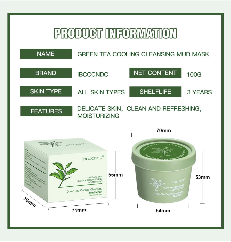 Green Tea Mud Mask Natural Skincare Deeply Cleansing Pore Nourishing Clay Face Mask Face Skin Care Cleaner 100g