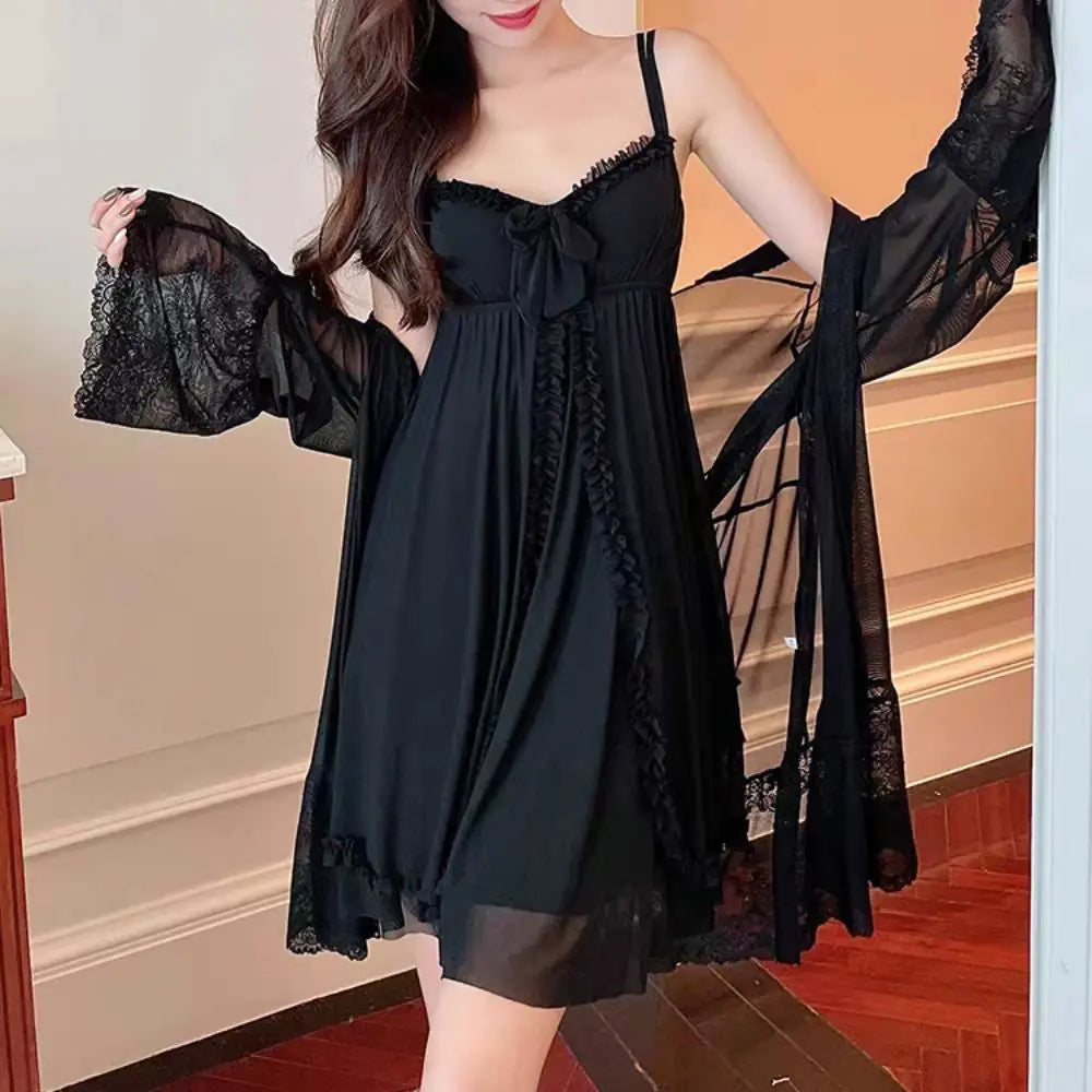 Lace Bowknot Women Pajama Dress Nightgown Sleeveless Ruffle Suspender Nightdress Set Homewear Sleepwear