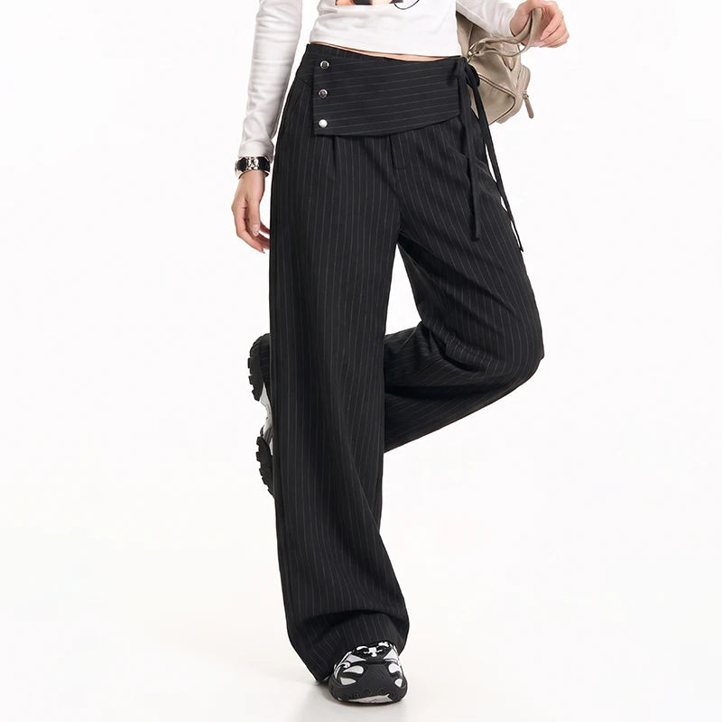 Detachable Skirt Panel Striped Suit Pants Women Turn Up Cuff Tie Waist Straight Wide Leg Trousers Loose Casual Streetwear Pants
