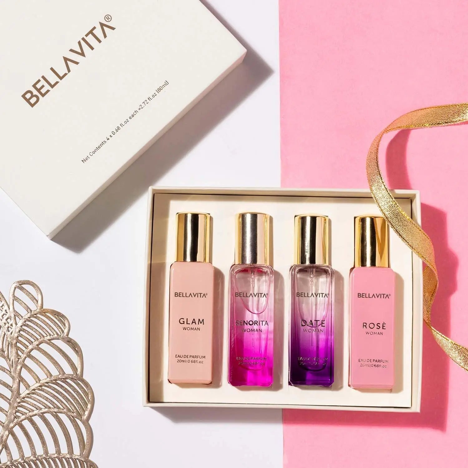 Bellavita Luxury Women's Perfume Gift Set with Rose, Senorita, Date, and Glam | 80ml | Perfume for Women | Pink Pepper, Yuzu and Floral Peach | Long Lasting Fragrance | Mother's Day Present