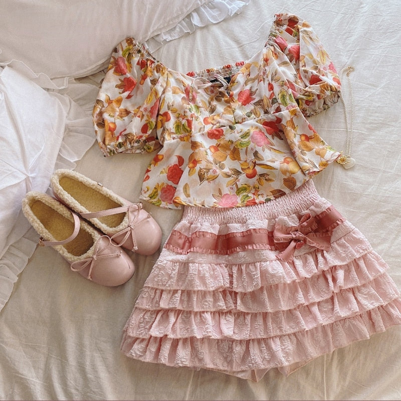 Gaono Lolita Cake Mini Skirts Women Japanese A-line High Waist Pleated Skirt Girly Kawaii Love Y2k Layered Skirts Fairy Outfit