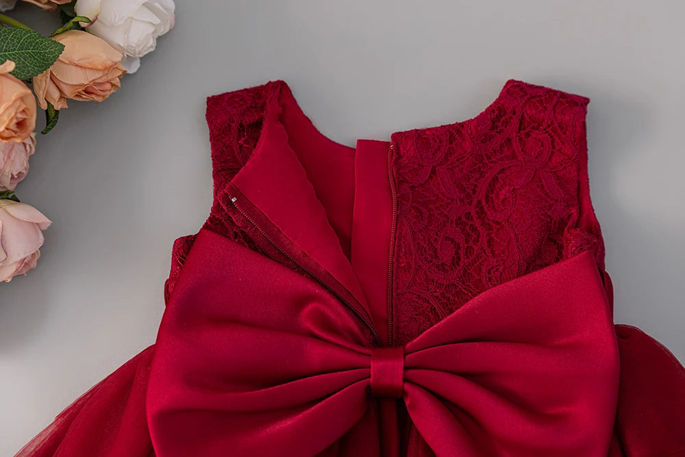 HETISO Red Lace Baby Dresses Christening Gown for Kids Princess Bowknot Toddler Girl Clothes Newborn Things 0-2Y