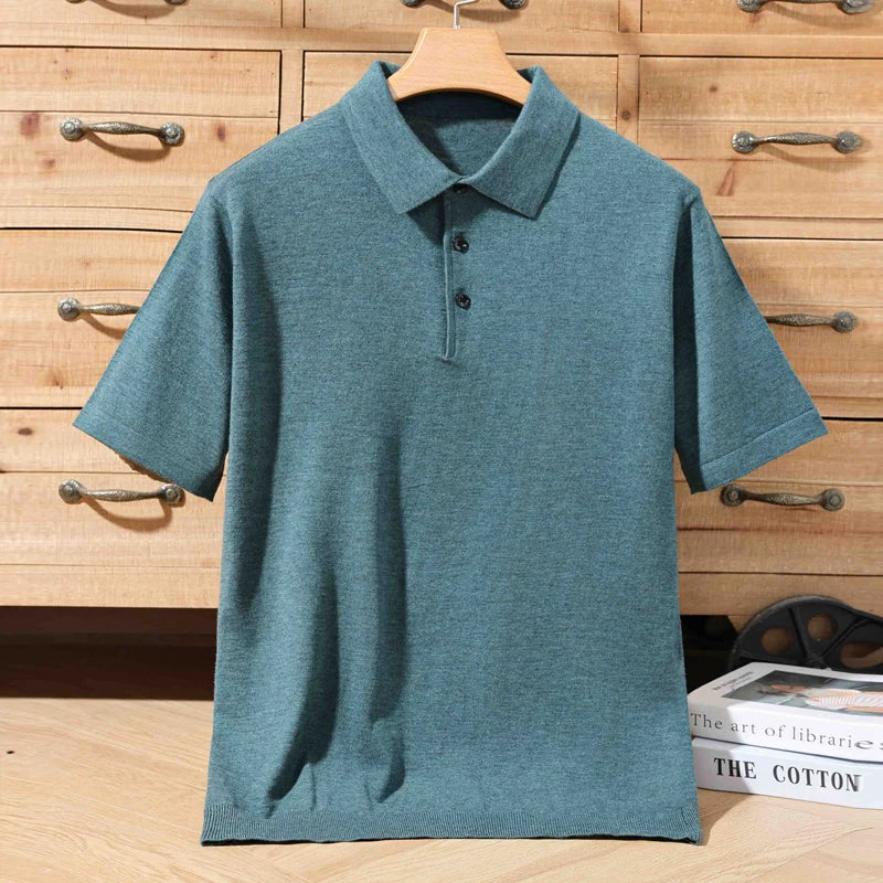 Summer 100% Merino Wool Men'S Lapel Pullover Short Sleeve Polo Neck Sweater Loose Top Business Casual Knit T-Shirt