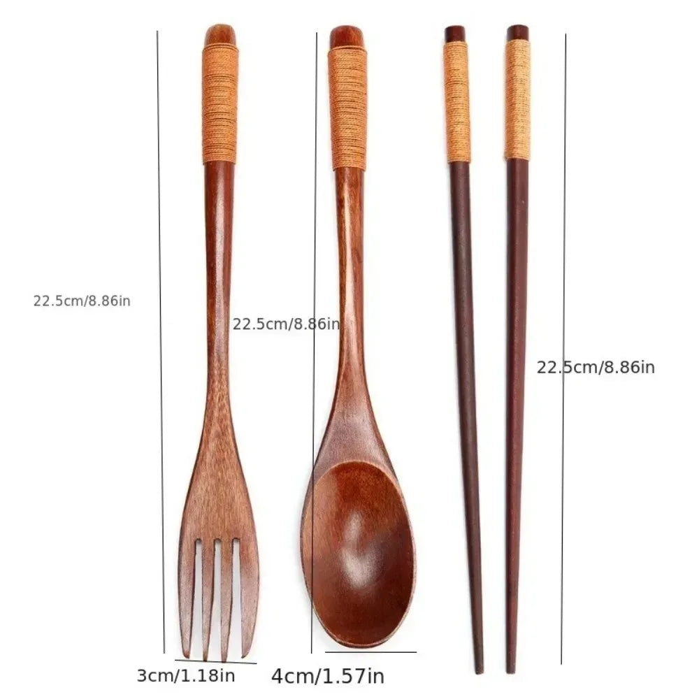 3-Piece Japanese Style Fashionable Wooden Cutlery Set - Includes Spoon Chopsticks And Fork for Elegant Dining Experience