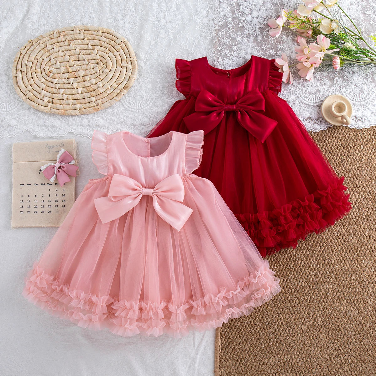 Summer New Sweet Bow Baby Girl Princess Dress, Solid Color Chiffon Children'S Clothing For Birthday Parties (9 Months -4 Years)