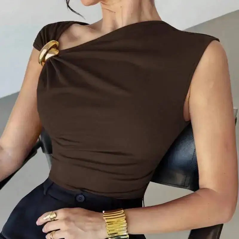 Women Solid Color Short Sleeved Top Summer Asymmetrical Slanted Collar Slimming Vest Elegant Comfortable And Breathable Vest