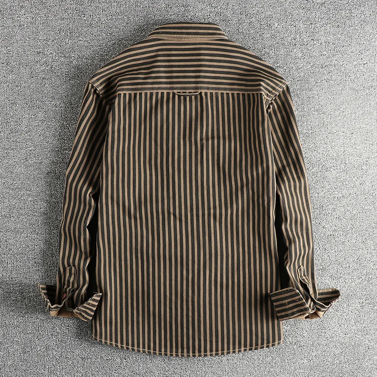 2025 Autumn And Winter New American Retro Stripe Long-Sleeve Lapel Shirt Men'S Fashion Washed Multi-Pocket Casual Blouses