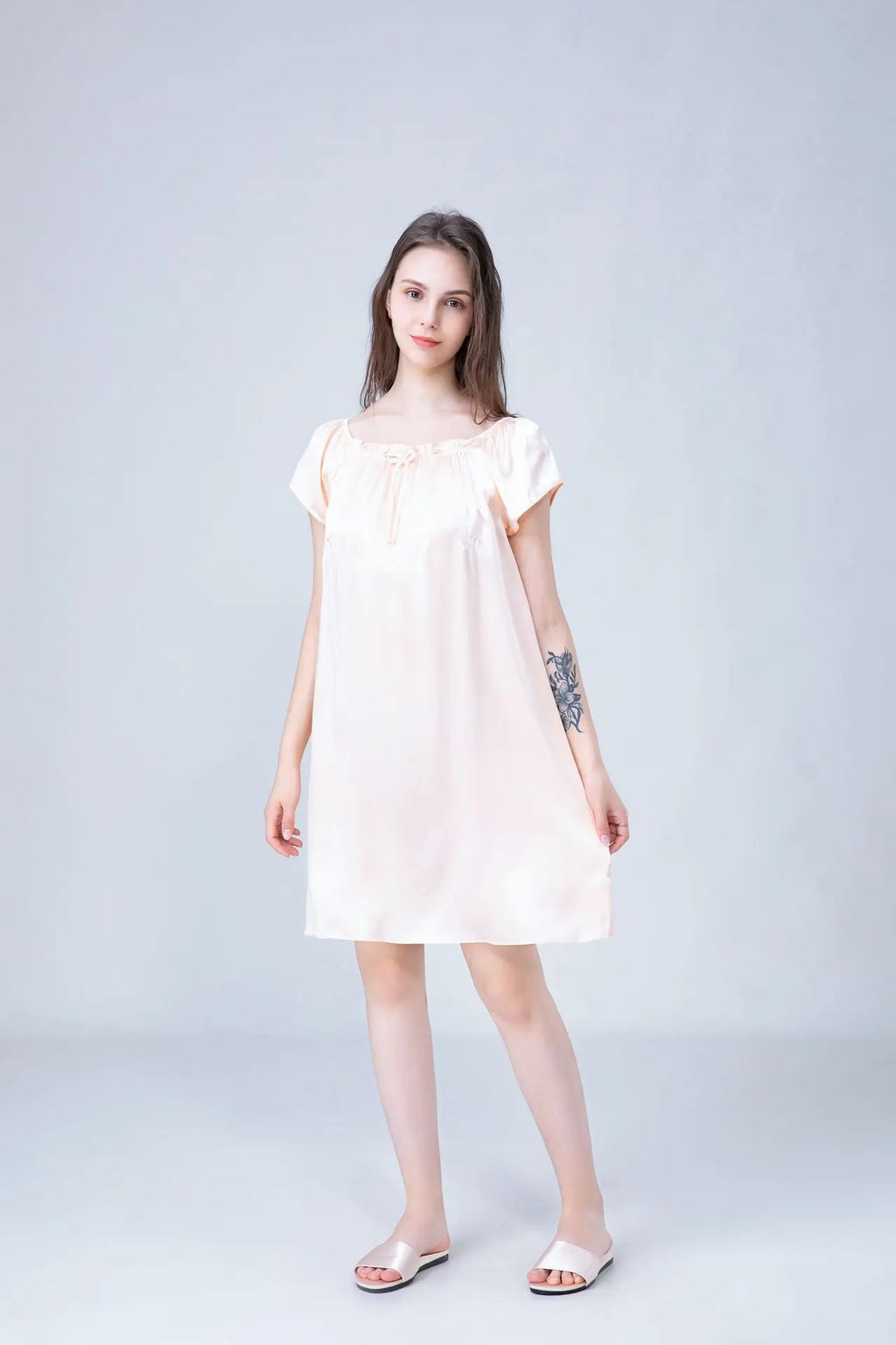 Women's 100% Mulberry Silk Sleep Dress Short Sleeve Summer Spring New Arrival Loose Solid Color Embroidered Doll Sleepwear