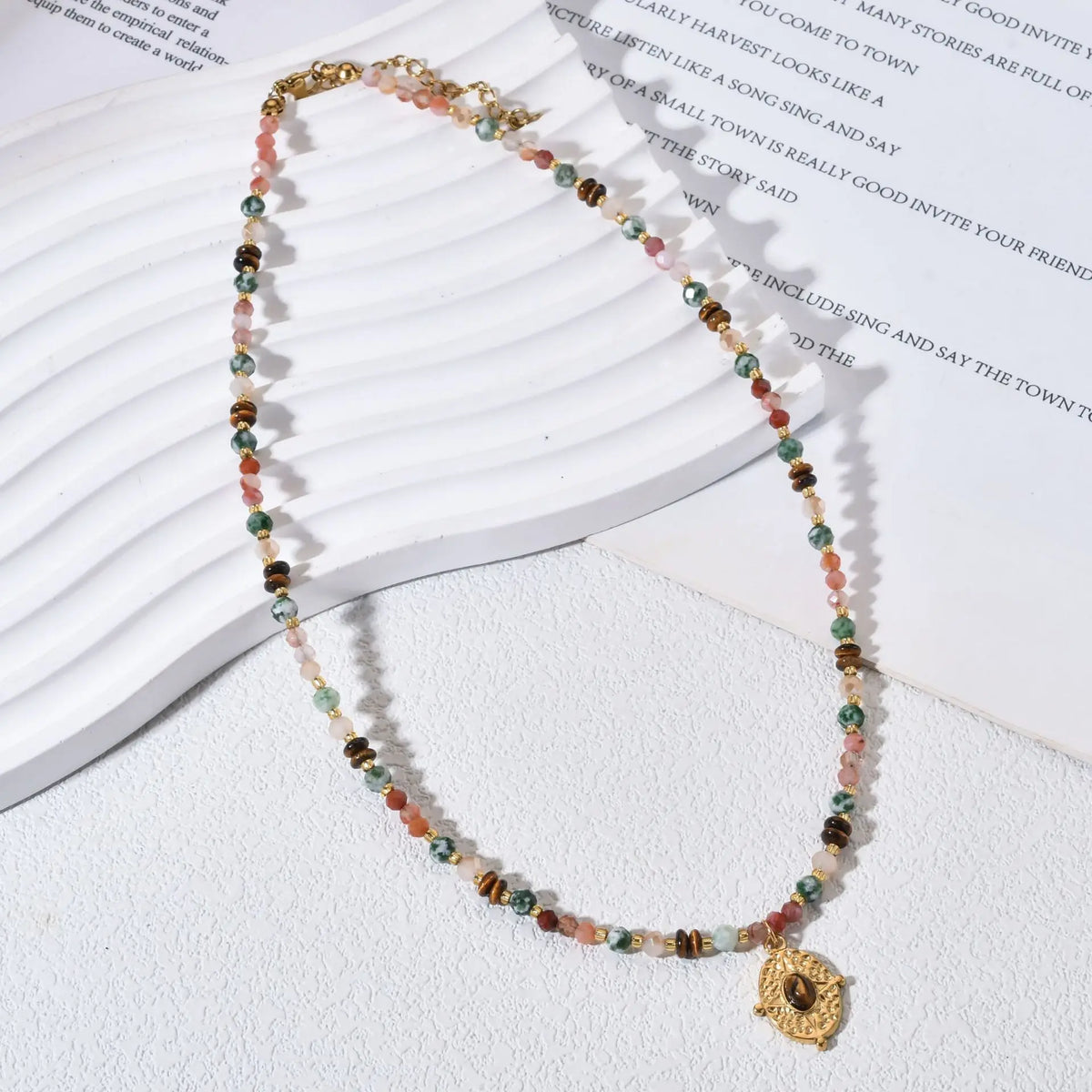 Bohemian Style Multi-Color Natural Stone Beaded Necklace Stainless Steel Pendant Fashionable Versatile Clavicle Chain Jewelry