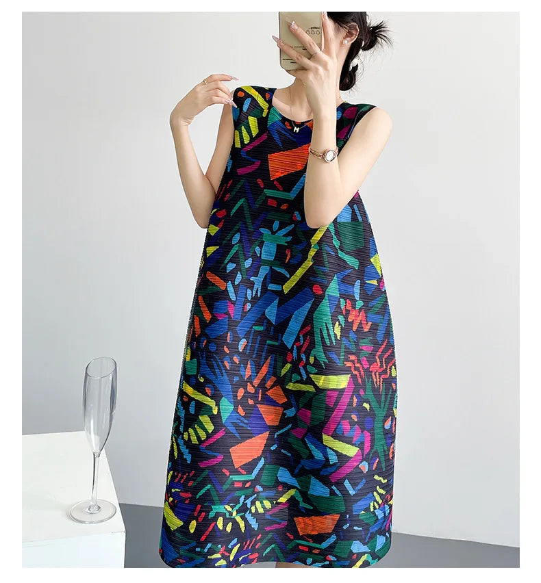 2026 Summer Retro Print Design Flared Dress Women Loose Fit Plus Size Fashion Elegant Sleeveless Dress Travel Vacation Wear