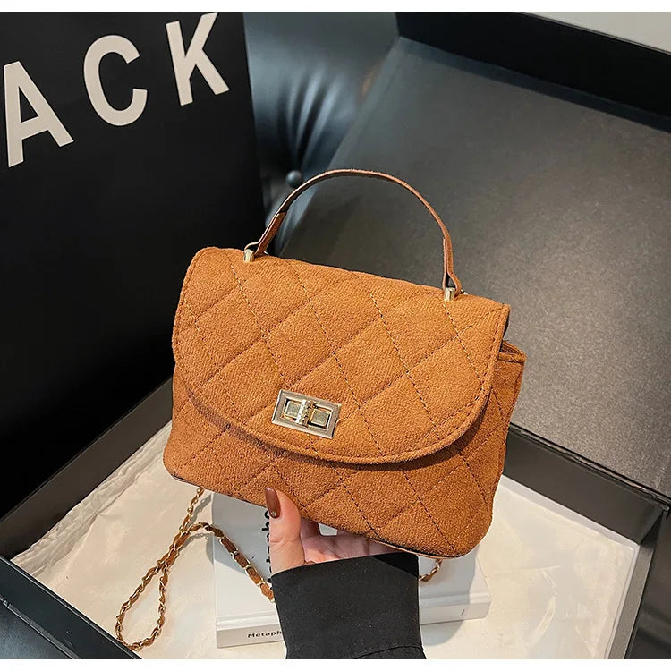 Diamond Grid Chain Crossbody Bag One Shoulder Purse Trendy Flip Top Clutch Women's Fashion Suede Leather Casual Shoulder Bag