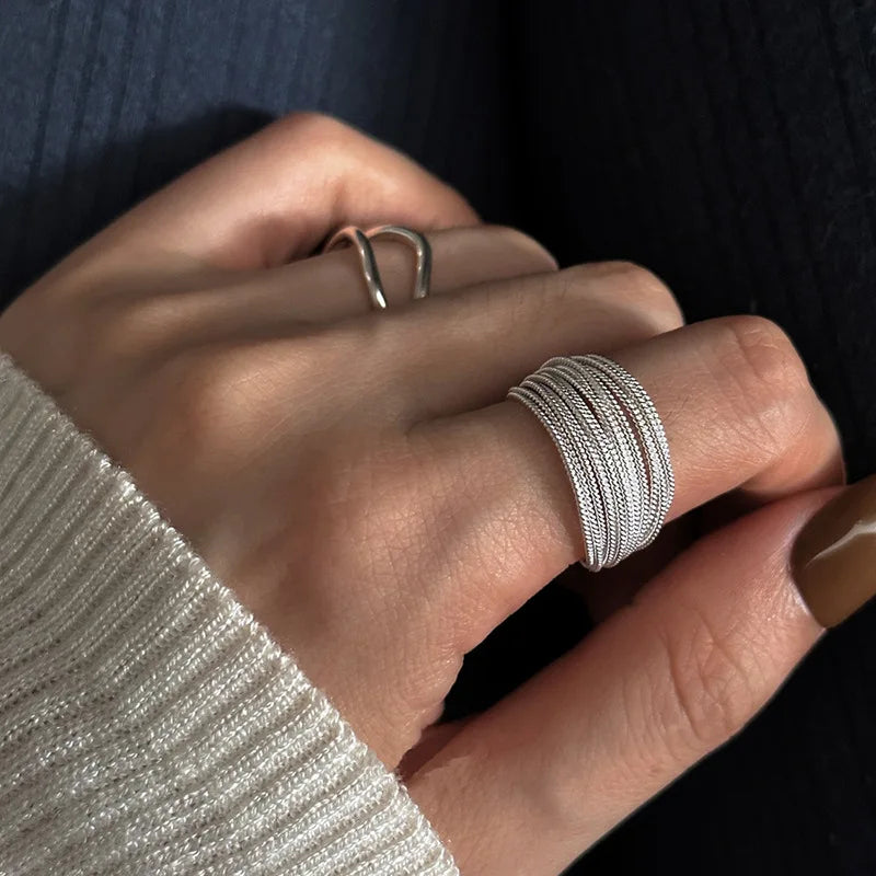 Panjbj 925 Sterling Silver Lines Ring For Women'S Jewelry Finger Adjustable Open Vintage For Birthday Dropship