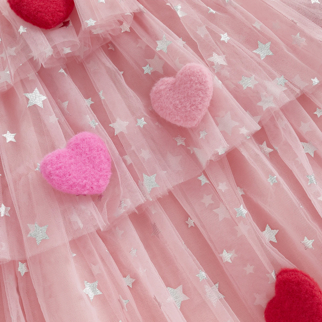 1-9Y Cute Kids Girl Tulle Mesh Lace Dress Bow Front Heart Sleeveless Layered Tulle Dress Plush Heart Ball Cake Dress Costume