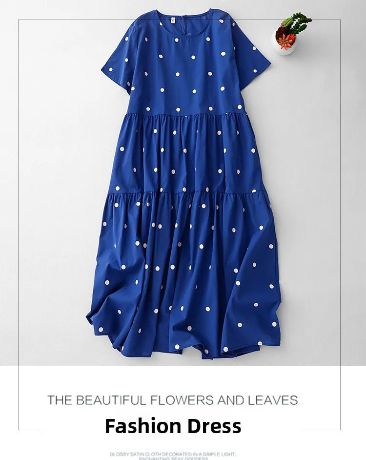 High-End Blue Pure Cotton Floral Print Dress Women's Summer 2025 round Neck Long Dress Polka Dot Skirt Comfortable A-Line