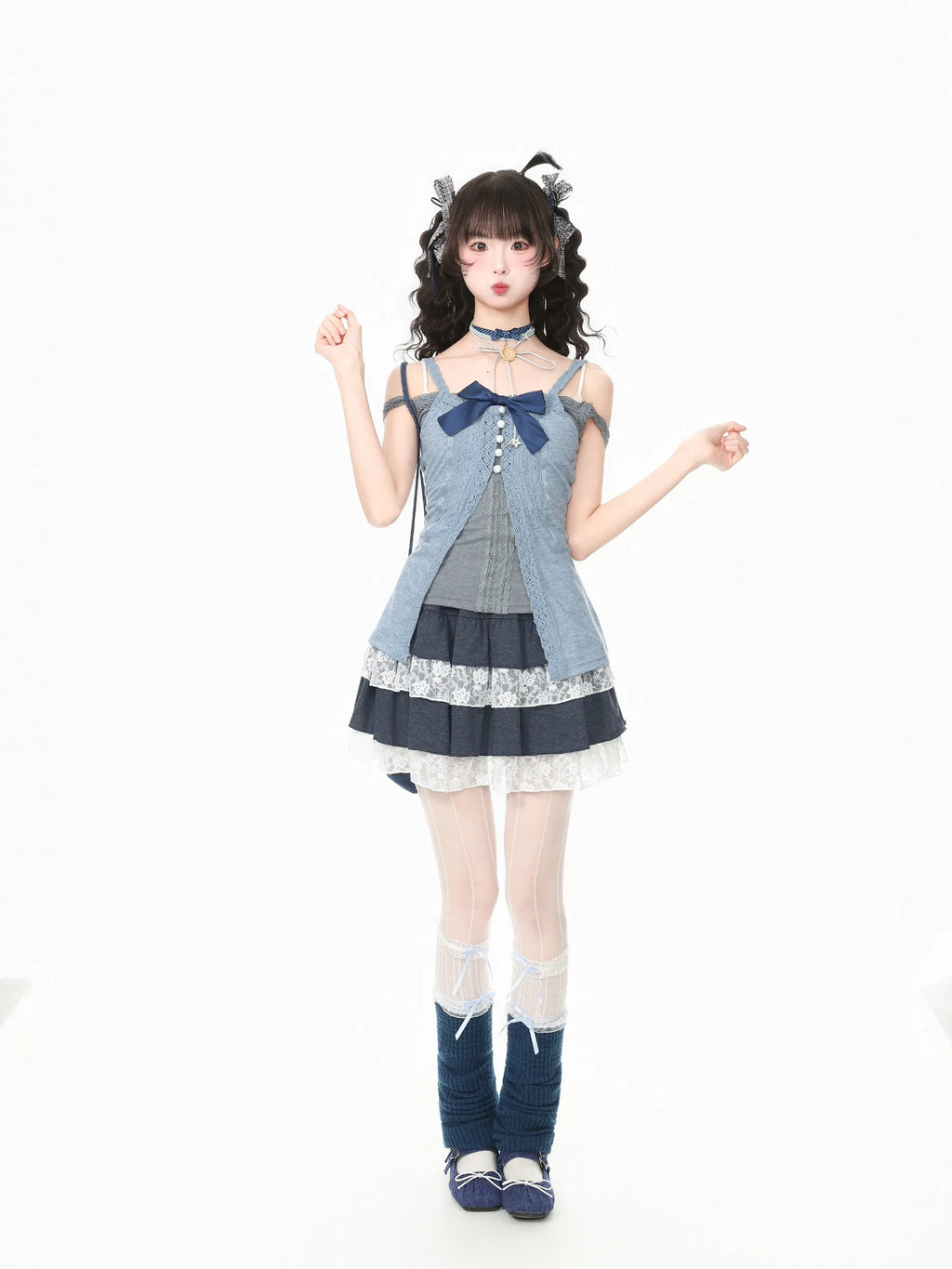Sweet Bow Suspender Cardigan with Gray Off Shoulder Camisole Vest and Lace Layered Ruffle Mini Skirt Womens 3pcs Summer Suit