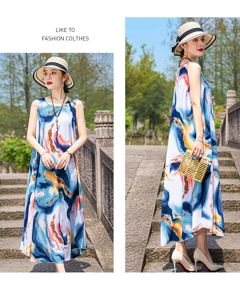 New Women Summer Dresses Vintage Dress FashionRobe Plus Size Sleeveless Femme Casual Print Dresses