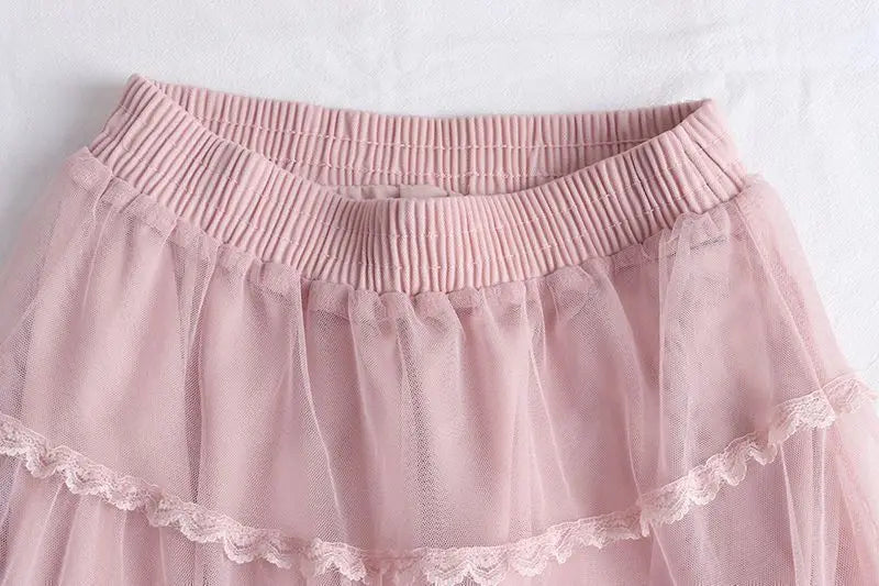 Sweet Lace A-Line Half Skirt Women's Spring Summer New Style Elastic Waist Slimming Cake Skirt High Waist Polyester Fiber
