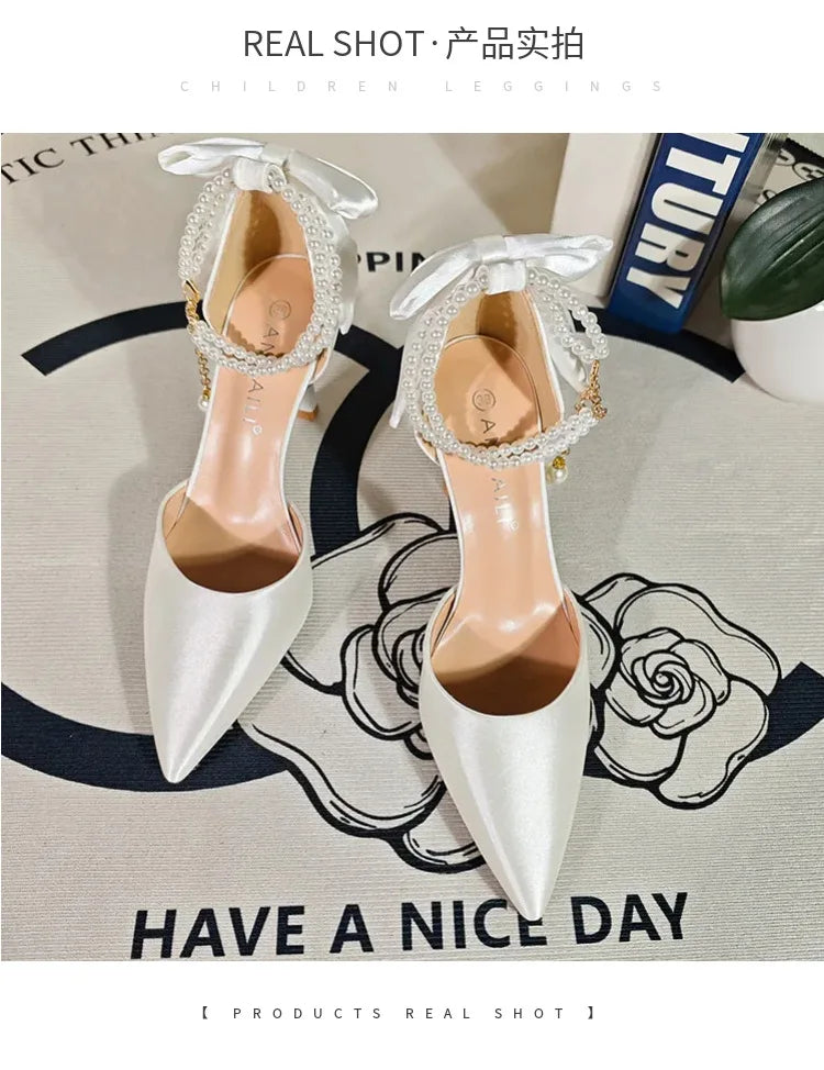 Plus 33-42 Pearl Ankle Strap Bow Heels Stiletto High Heels Women Pumps Wedding Shoes Bride Ladies Party Prom Closed-toe Sandals
