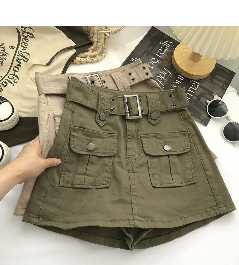 2026 Summer Safari Style Women Denim Pantskirt High-waist Short Slim A-line Jean Skirts Lady Anti-expose Lining Wide-leg Shorts