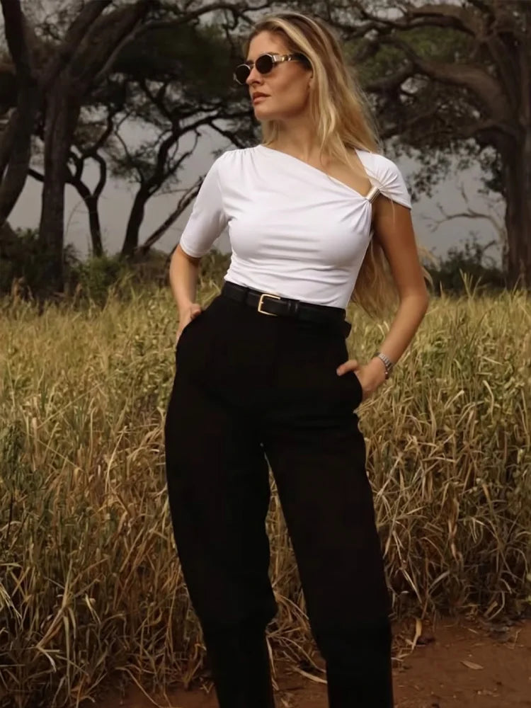HH Women Pleated Short Sleeve Solid Slim Tops Summer Sexy Chic Asymmetrical Off Shoulder Vintage T-Shirts High Street Outfits