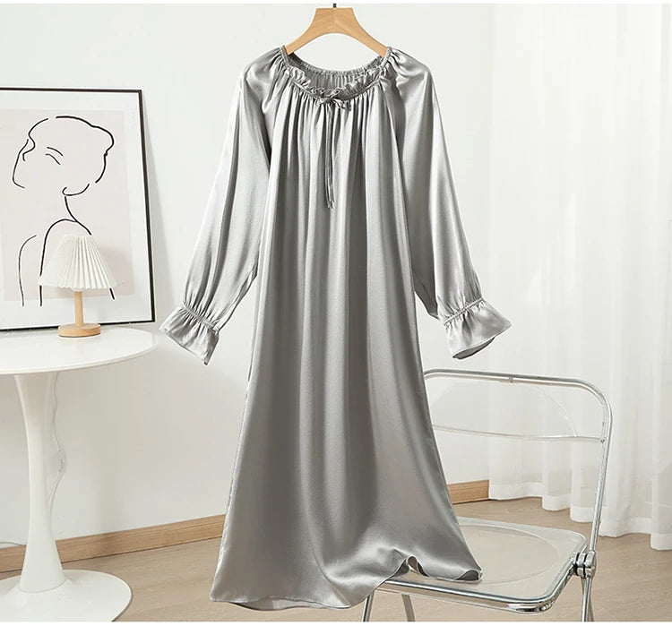 100% Mulberry Silk 16 momme Charmeuse Silk Purple Color Long Sleeve Sleep Dress Sleepwear Nightdress Nightgown QQ068