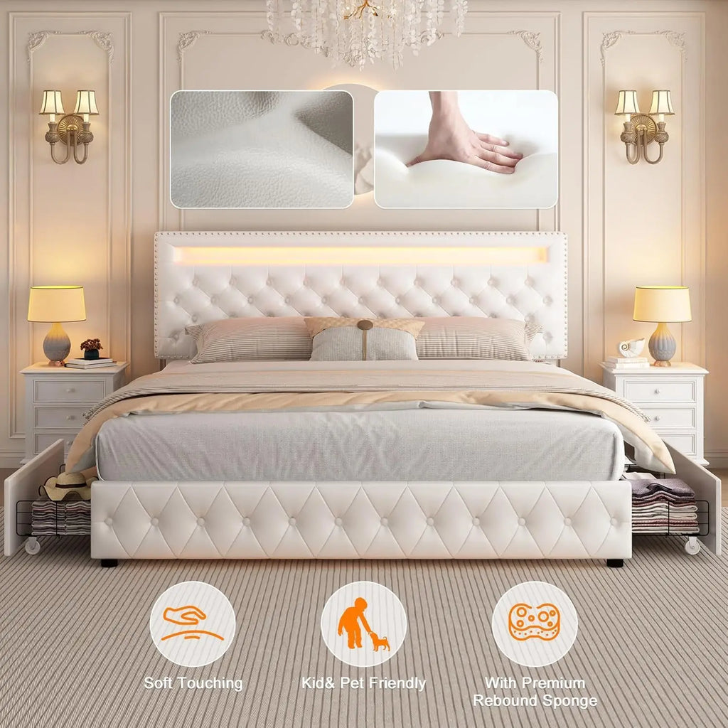Bed Frame, Adjustable LED Headboard, Remote & App Control Lights,Plush Upholstered Platform with Silver Nailhead Trim,Customized