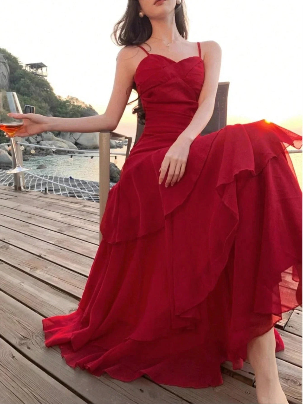 Women Summer Elegant Ruffles Spaghetti Strap Long Dresses Fashion Chic Slim Fit Birthday Cocktail Party Dress Female New Robe