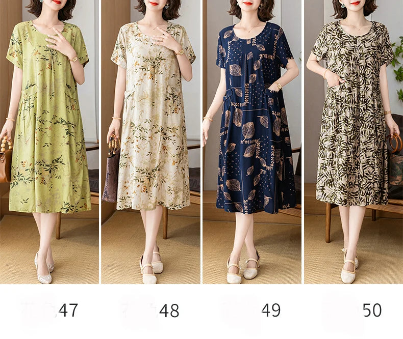 New 2025 Summer Dress Long Vintage Loose Women Elegant Sundress Dress Casual O-neck Dresses Print Plus Size