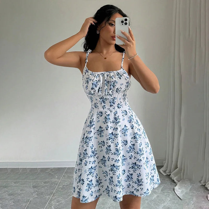 Women Sleeveless Cami Dress Floral Printed Tie Strap Square Neck Ruched Flowy Short Dress for Beach Vacation