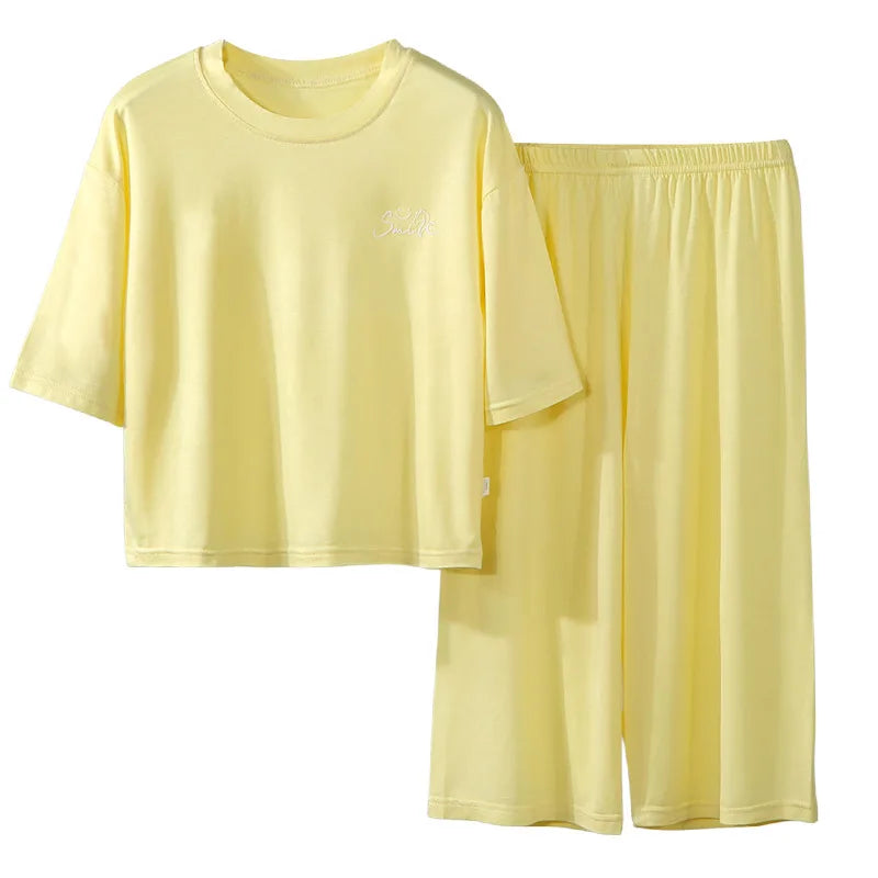 2PCS Children's Lyocell Thin Homewear Clothes Summer Kids Air Conditioning Mid-length Sleeve Tops+Long Pants Pajamas Set