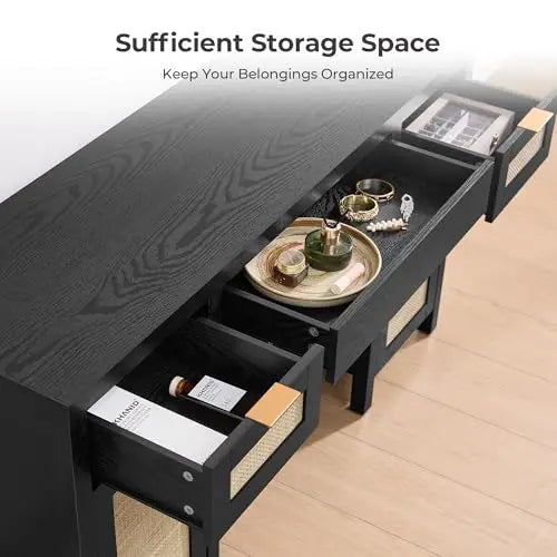（Local US Inventory）Rattan Vanity Home Office Desk with 3 Drawers 52 Inch Farmhouse Boho Makeup Vanity Dring Table with Large St
