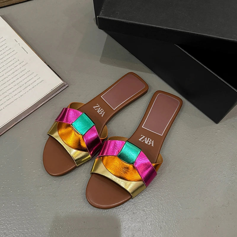 NAZSQ Women's Open Toe Flat Slides - Casual Summer Sandals