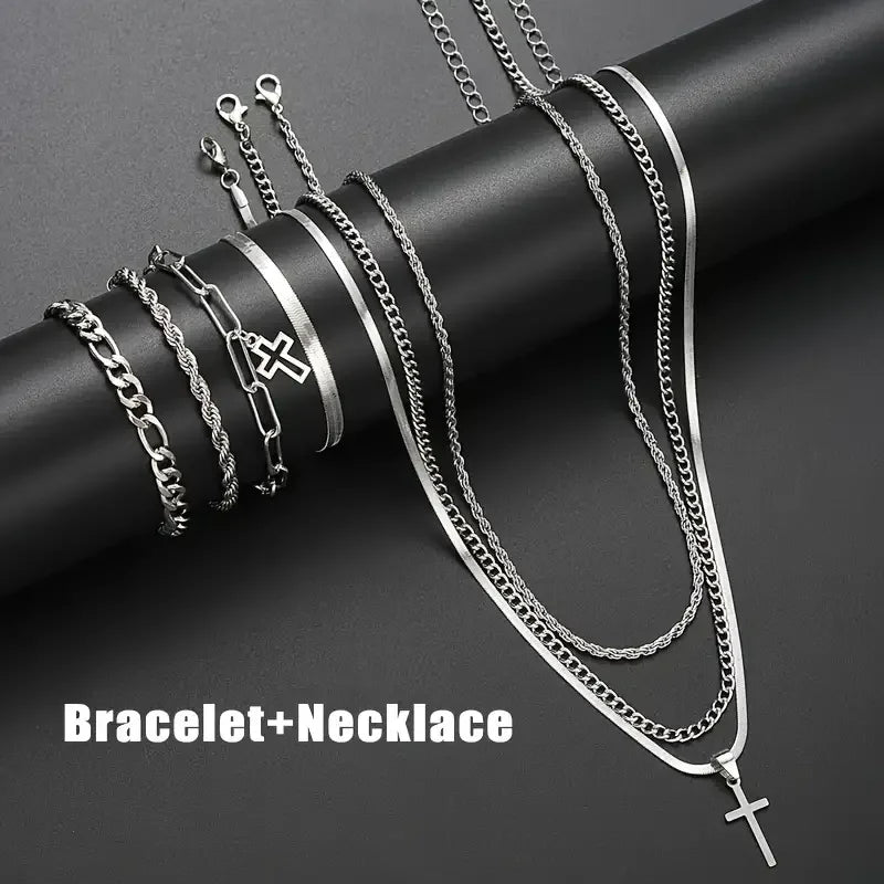 Mens Stainless Steel Cross Pendant Jewelry Set 7 Piece Elegant Minimalist Versatile Everyday Wear