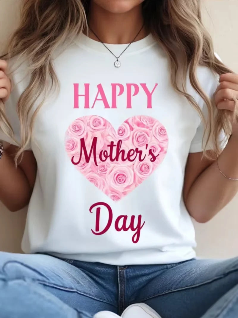 Women's Floral Heart Print T-Shirt - Casual Short Sleeve Round Neck