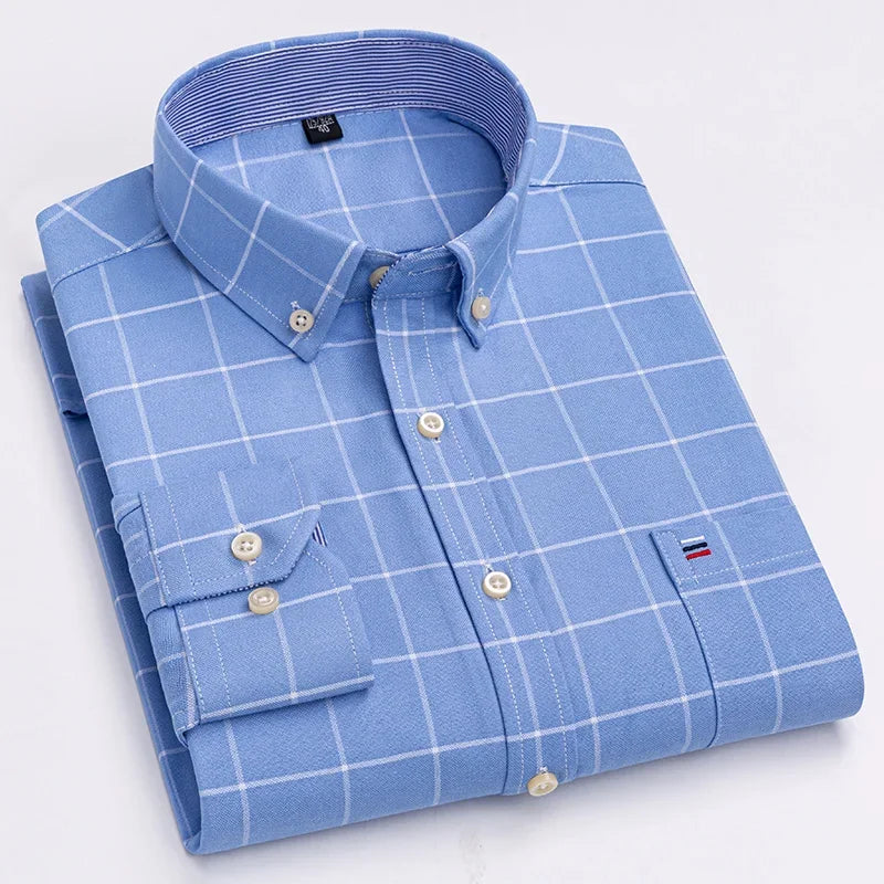 Pure Cotton Oxford Mens Shirt Long Sleeve Casual Plain Solid Regular Fit Classic Dress Shirt For Men