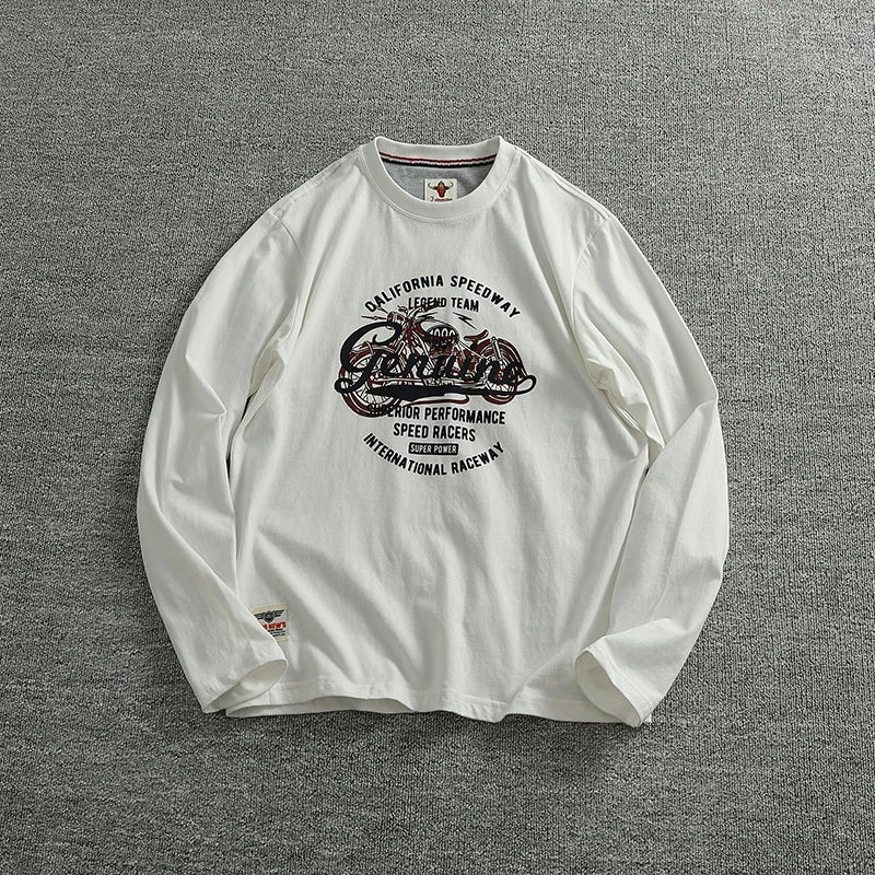 Autumn New American Retro Long Sleeve O-Neck Letter Motorcycle Print T-Shirt Men'S Fashion 100% Cotton Washed Casual Sport Tops