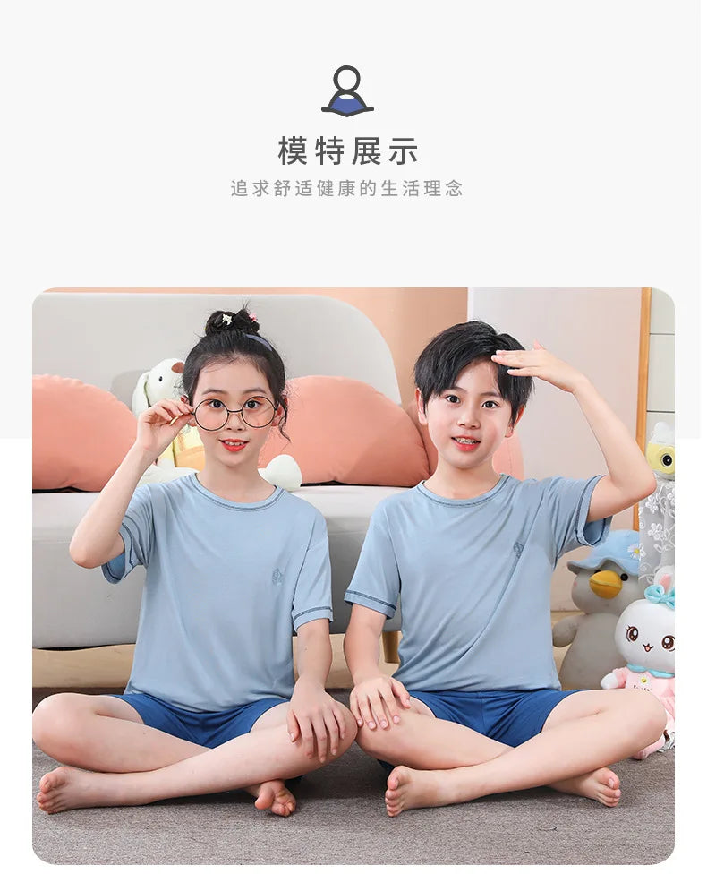 Teenage Boy Pajamas Summer Girl Short Sleeve Children's Clothing Sleepwear Silk Cotton Pyjamas Sets For Kids 4 8 9 12 13 14Years