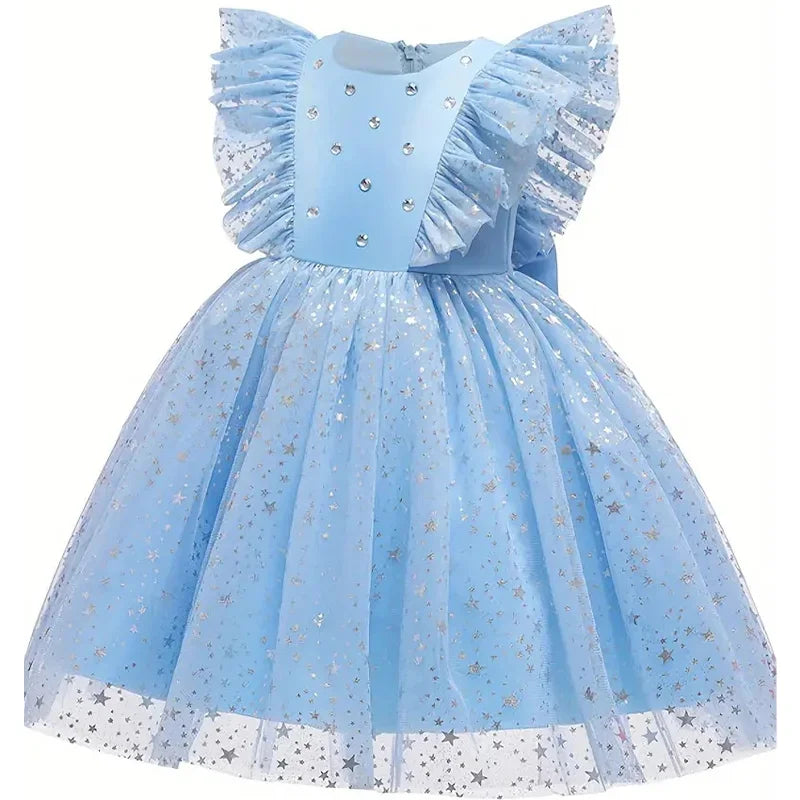 Children Summer Dresses Star Sequin Princess Dress Toddler Girls Puffy Mesh Wedding Dress Luxury Evening Dress Baby Clothes 1-5Y