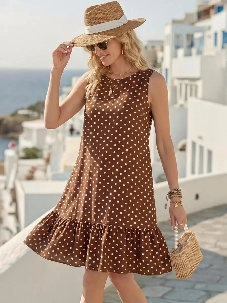 Round Neck Sleeveless A-Line Polka Dot Dress with Ruffle Hem
