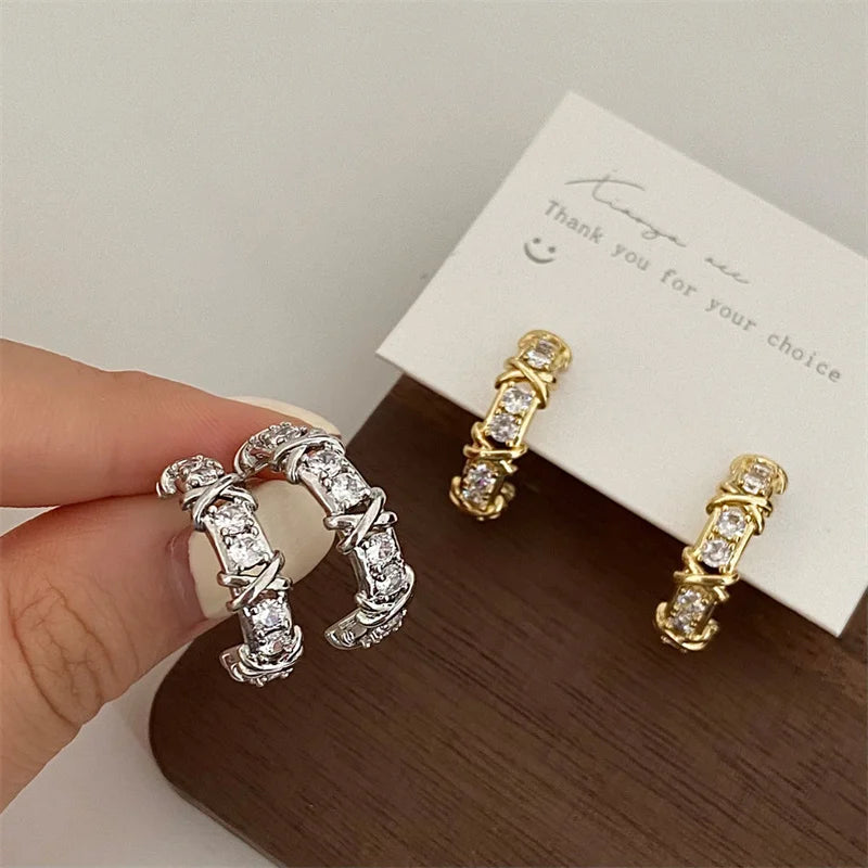 Vintage Cc Design Stud Earrings For Women'S Korean Fashion X Cross Zircon Earring Engagement Jewelry Gifts