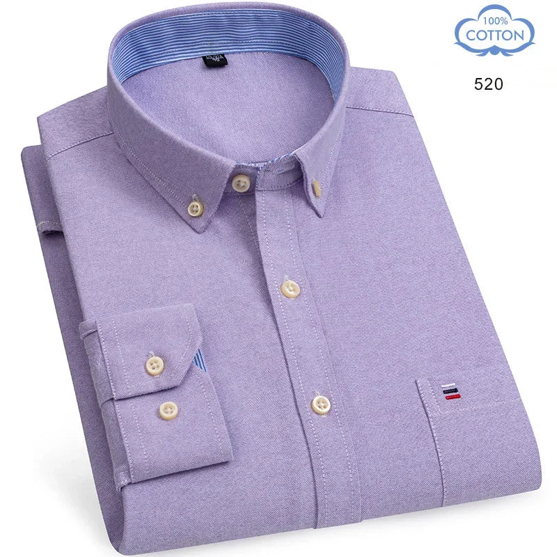 100 Percent Cotton Oxford Shirt For Men Long Sleeve Plaid Pattern Business Office Wear Smart Casual