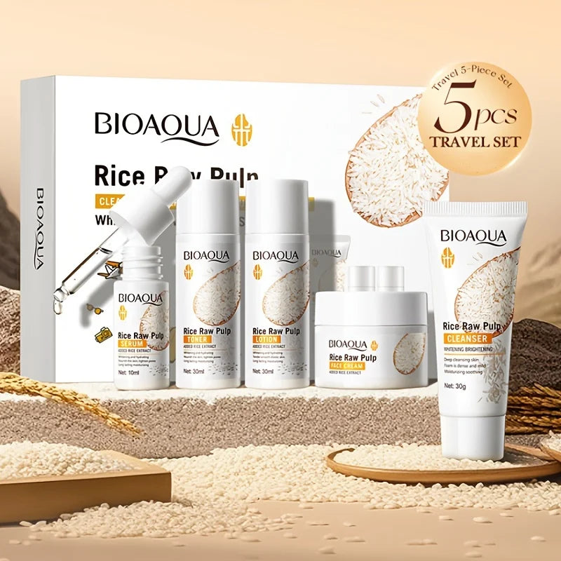 Rice Puree Skin Care Set Hydrating Moisturizing Smoothing Facial Cleanser+Toner+Essence+Lotion+Cream Skin Travel