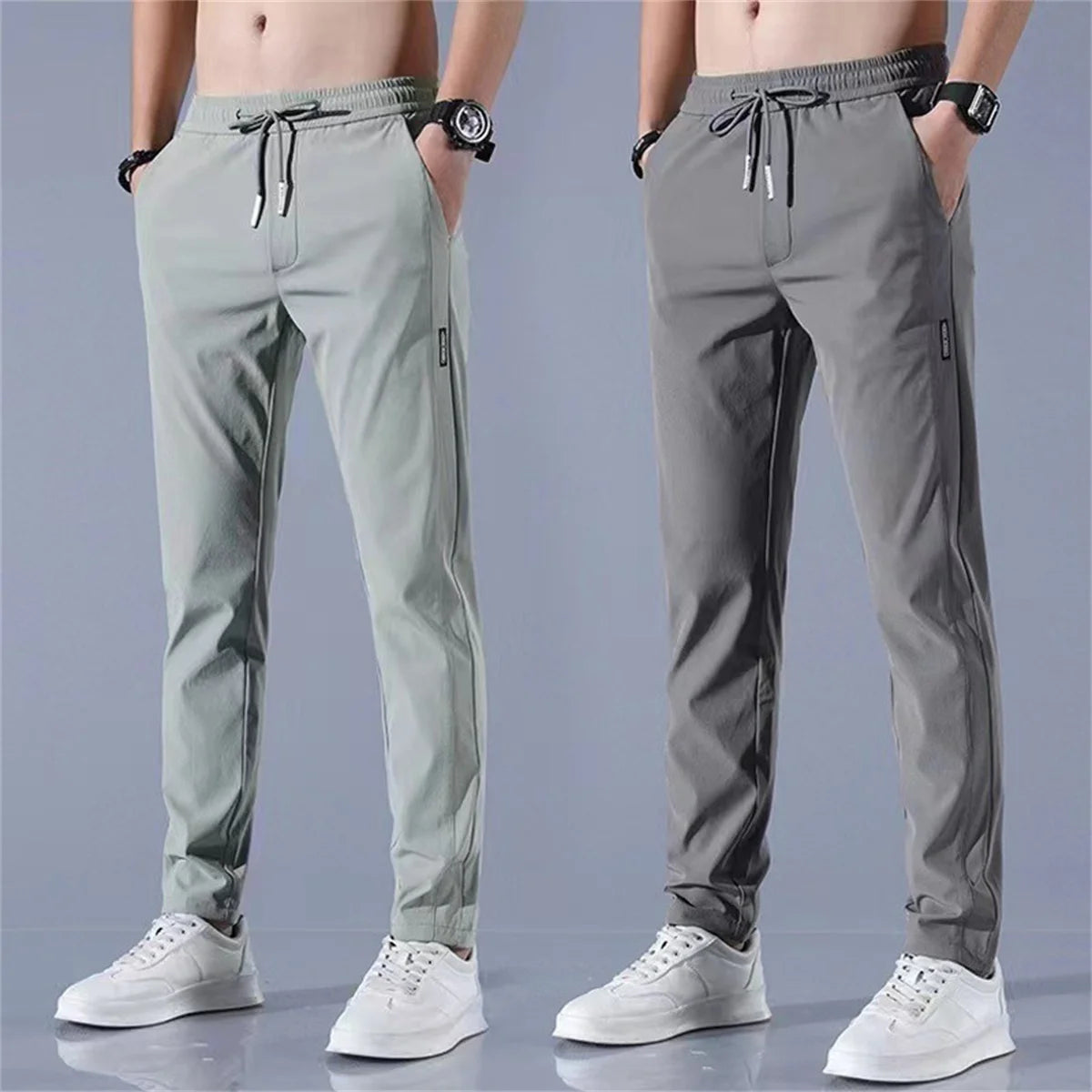 Ice Silk Men's Pants 2024 Summer New Black Gray Thin Business Casual Pants Outdoor Elastic Breathable Straight Leg Sweatpants