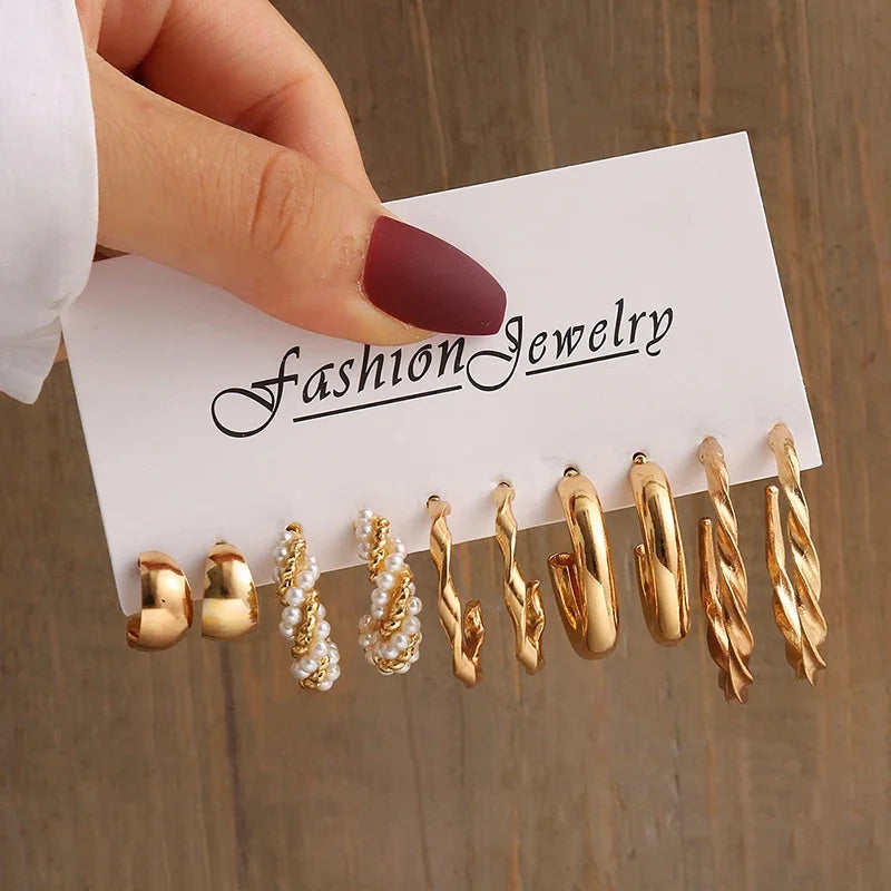 New Gold Color Vintage Geometry Pearl Earrings Set Metal Twine Square Dangle Earring Round For Women'S Trendy Jewelry