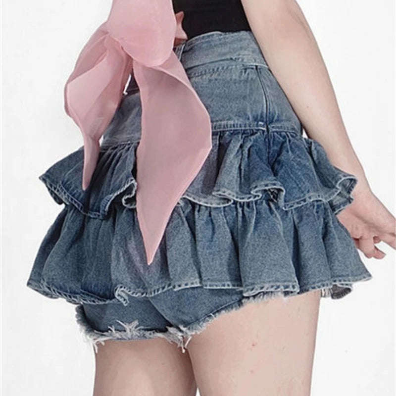 Mini Denim Skirts Women Summer Japanese Style Sweet Heart Ruffles Design Y2k Chic High Waist Distressed Aesthetic Fashion Faldas