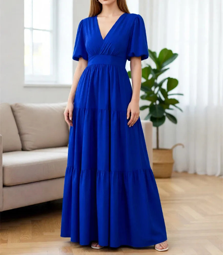 New Spring/Summer Fashion Casual Short Sleeve V-neck Solid Color Slim Fit Ankle Length Patchwork Fit And Flare Dress,2 Colors